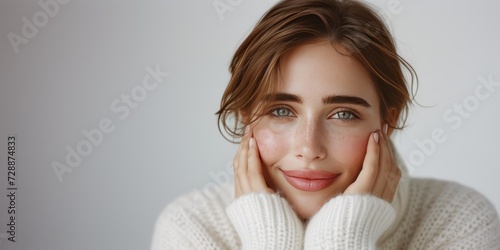 portrait of a cute student girl with a smile in a white knitted sweater with a place for text, product advertising or congratulations photo