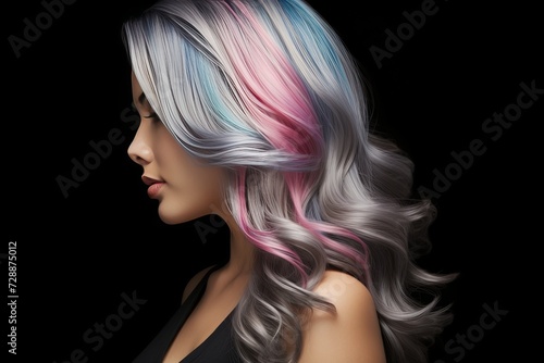 Stylish profile portrait of a modern girl with vibrant blue and red unconventional hair colors
