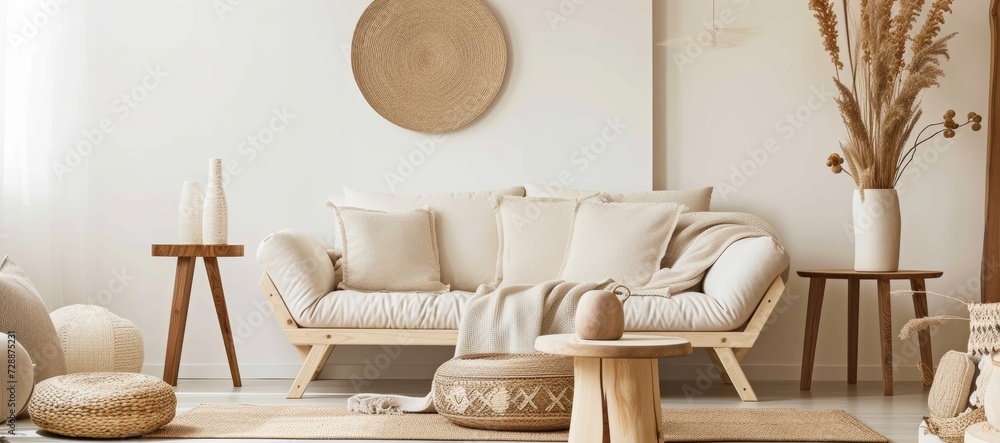 Modern house interior details. Simple cozy beige living room interior with sofa, decorative pillows, wooden table with candles and natural decorations - obrazy, fototapety, plakaty 