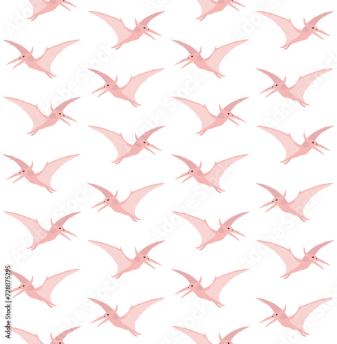 Vector seamless pattern of pink flat hand drawn pterodactyl dinosaur isolated on white background