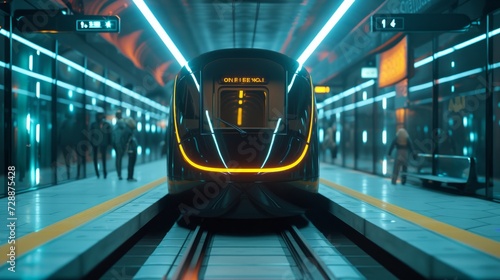 Arriving at the station is a futuristic tram photo