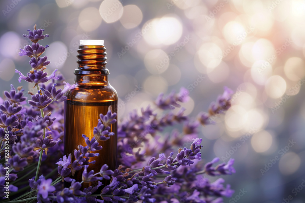 A brown bottle of aromatherapy essential oil with fresh lavender flowers, with copy space A brown bottle of aromatherapy essential oil with fresh lavender flowers, with copy space