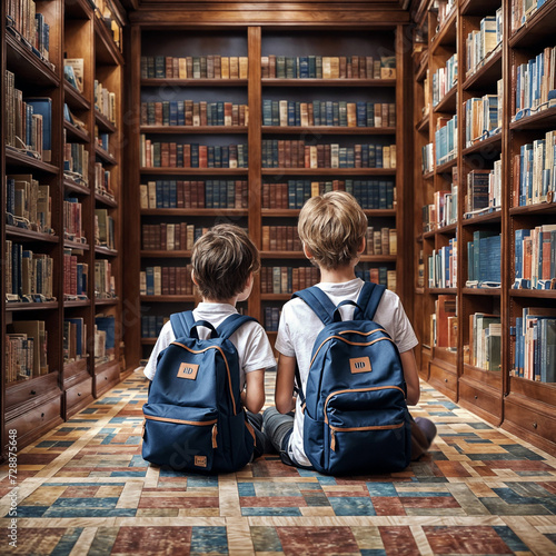 Two children wearing matching backpacks on a library surrounded by bookshelves

