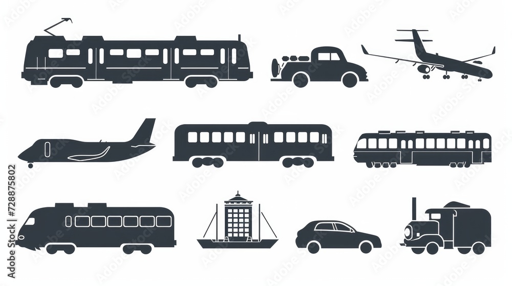 A silhouette icon set depicting air, auto, and railway transport, including a stop station sign for public transport in glyph pictogram style. Icons of a car, bus, tram, train, metro, plane and ship A silhouette icon set depicting air, auto, and railway transport, including a stop station sign for public transport in glyph pictogram style. Icons of a car, bus, tram, train, metro, plane and ship