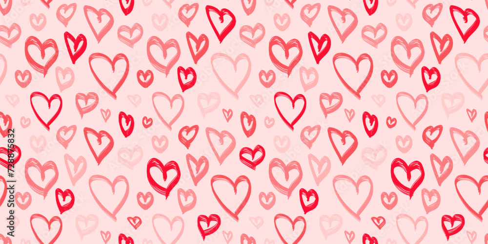 Romantic seamless pattern with hand drawn hearts. Valentine's day vector background with red and pink heart shapes. Love theme. Cute childish illustration. Repeat design for decor, print, package Romantic seamless pattern with hand drawn hearts. Valentine's day vector background with red and pink heart shapes. Love theme. Cute childish illustration. Repeat design for decor, print, package