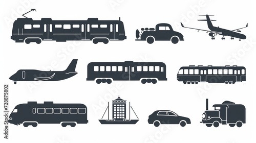 A silhouette icon set depicting air, auto, and railway transport, including a stop station sign for public transport in glyph pictogram style. Icons of a car, bus, tram, train, metro, plane and ship photo