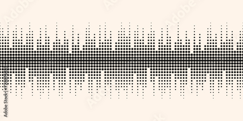 Vector minimal seamless pattern with halftone dots. Dynamic visual effect, simple black and white background. Monochrome illustration of sound waves, music. Techno geometric texture. Repeated design