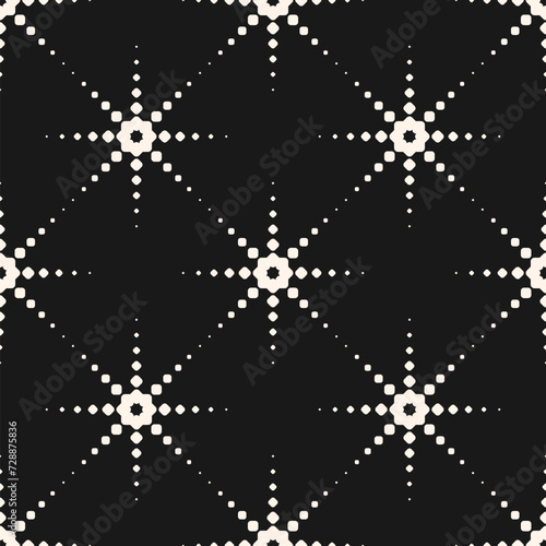 Vector black and white geometric seamless pattern. Stylish texture with halftone dots, floral silhouettes, star burst. Simple minimal monochrome background. Dark repeated geo design for decor, print