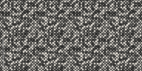 Black and white vector seamless pattern with small scattered curved shapes, circles, squares, dots, mesh, grid. Simple modern minimalist background with halftone effect. Repeating monochrome texture