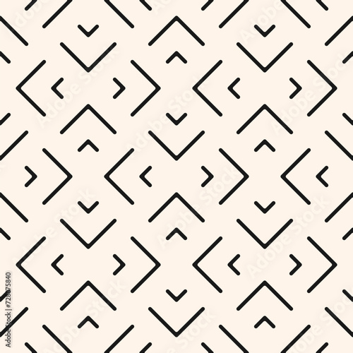 Subtle vector geometric seamless pattern with lines, arrows, grid, lattice. Stylish minimal abstract black and white graphic ornament. Simple modern minimalist background texture. Repeat geo design