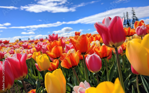 many tulips, spring flowers, multi colored tulips, flower farm, Spring easter flower background, top view, copy space