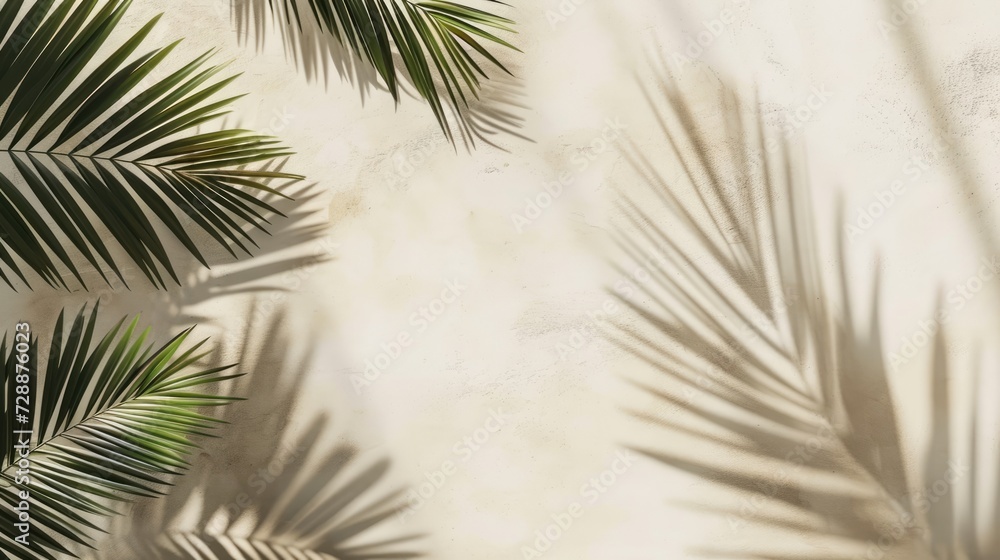 Fototapeta premium Mock up with natural soft shadow from palm leaves for product presentation or showcase on beige textured stone background