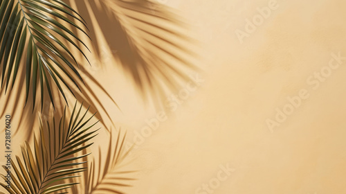 Mock up with natural soft shadow from palm leaves for product presentation or showcase on beige textured stone background