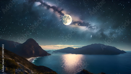 Stellar Embrace Full Moon Casts a Gentle Glow on Earth Oceanside Majesty