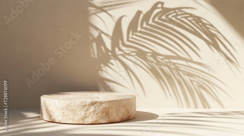 Mock up with round podium stone textured pedestal with natural soft shadow from palm leaves on beige background for product presentation or showcase