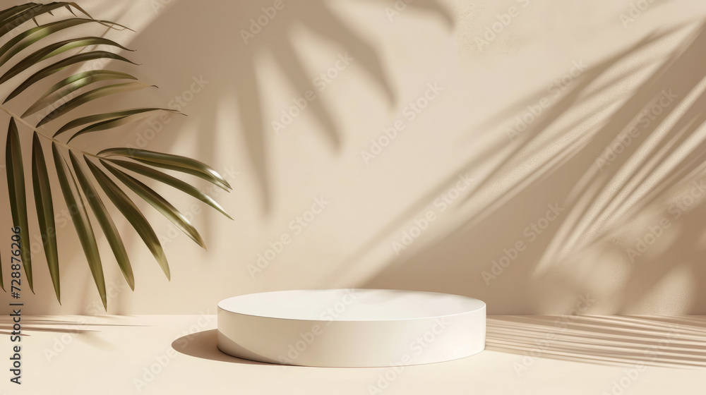 Mock up with round podium stone textured pedestal with natural soft shadow from palm leaves on beige background for product presentation or showcase