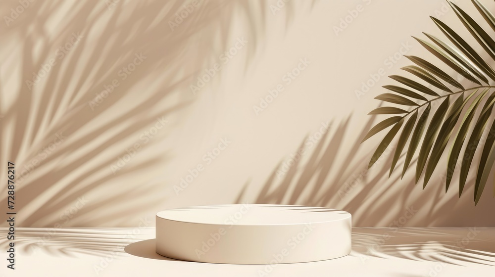 Mock up with round podium stone textured pedestal with natural soft shadow from palm leaves on beige background for product presentation or showcase