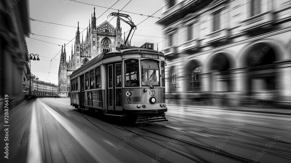 Naklejka premium In the city center of Milan, Italy, a historic tram or streetcar, a single old-timer car for public transport, passes by the cathedral and opera in midtown