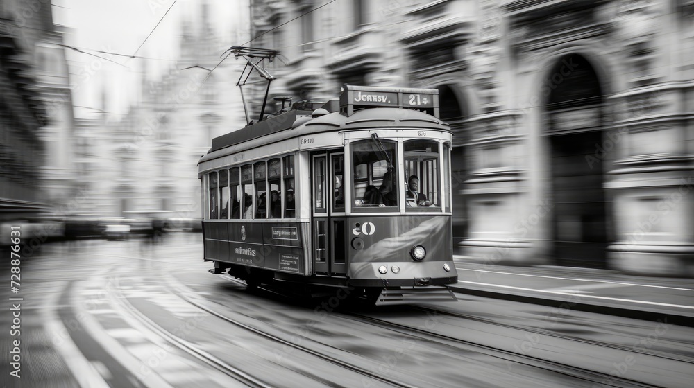 Naklejka premium In the city center of Milan, Italy, a historic tram or streetcar, a single old-timer car for public transport, passes by the cathedral and opera in midtown