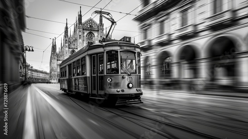 In the city center of Milan, Italy, a historic tram or streetcar, a single old-timer car for public transport, passes by the cathedral and opera in midtown photo