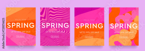Gradient Spring Design with Abstract Geometric Memphis Element. Pattern Wave Liquid Optic Strips. Background for Advertising, Web, Poster, Social Media, Banner, Cover. 3d Sale Offer 50%. 