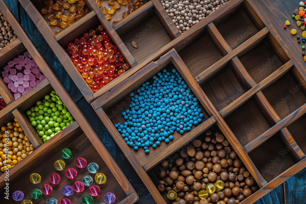 An overhead view of a bead organizer. This wooden box is filled with a variety of colorful beads, showcasing a spectrum of textures and hues. Perfect for craft, jewelry design, and creativity. An overhead view of a bead organizer. This wooden box is filled with a variety of colorful beads, showcasing a spectrum of textures and hues. Perfect for craft, jewelry design, and creativity.