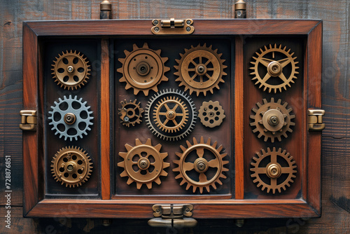 A wall-mounted wooden case showcasing a collection of vintage, rustic gears, reflecting the history of mechanical engineering.