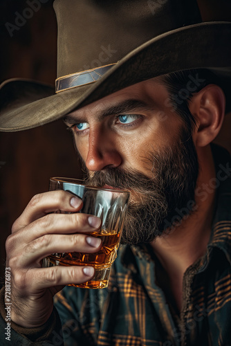 A cowboy, dressed in traditional attire, enjoys a glass of whiskey. The dim lighting creates a mood of contemplation and solitude.