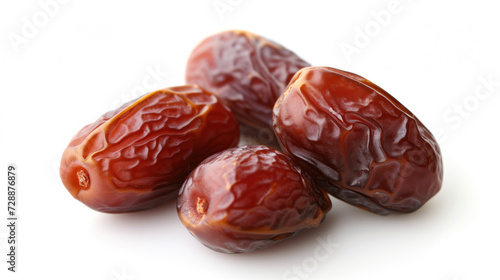 A close-up image capturing the natural gloss and texture of a cluster of dates, beautifully contrasted against a pristine white background.