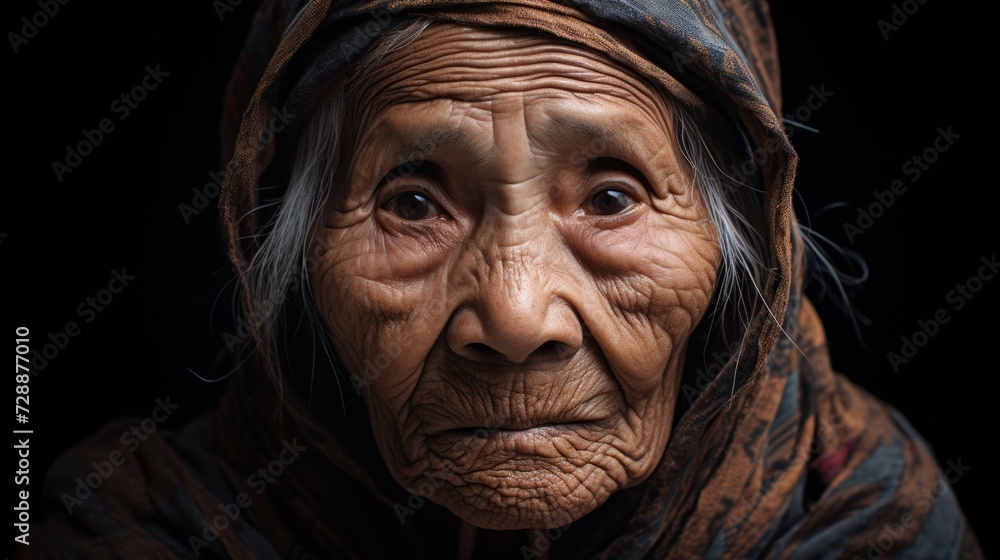 Portrait of an old Asian woman on a dark background. Neural network AI generated art Portrait of an old Asian woman on a dark background. Neural network AI generated art