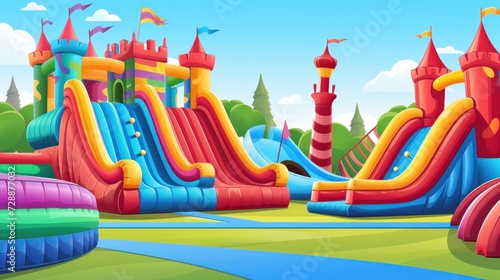 A vector illustration depicting inflatable playgrounds, including bouncy slides and inflated castles, perfect for birthday parties, air attraction parks, or rubber toy houses photo