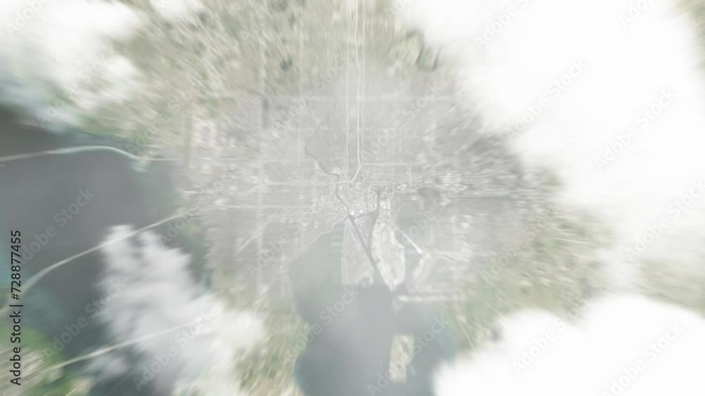 Earth zoom in from space to Tampa, USA. Followed by zoom out through clouds and atmosphere into space. Satellite view. Travel intro. Images from NASA