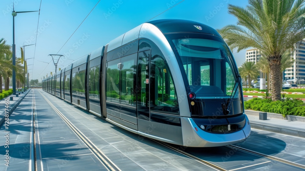 The new modern tram in Dubai, United Arab Emirates, represents the city's commitment to innovative public transportation - obrazy, fototapety, plakaty 
