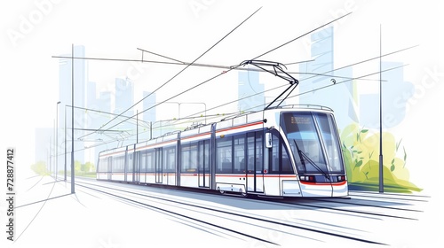 A vector contour image representing modern electric tram, symbolizing the development of green energy in urban transport, depicted in a single line