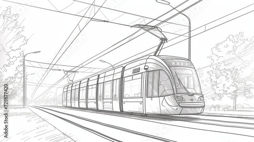 A vector contour image representing modern electric tram, symbolizing the development of green energy in urban transport, depicted in a single line
