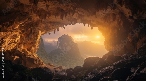 beautiful cave with a small lake in the background and a ray of sunlight entering with good lighting in high resolution and quality
