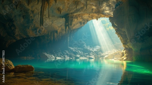 beautiful cave with a small lake in the background and a ray of sun entering with good lighting