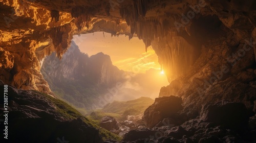 beautiful cave with a small lake in the background and a ray of sunlight entering with good lighting in high resolution