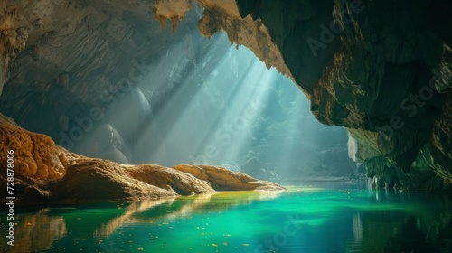 Beautiful cave with a small lake in the background and a ray of sunlight entering with good lighting in high resolution and high quality. concept historical natural cave, discovery, history photo