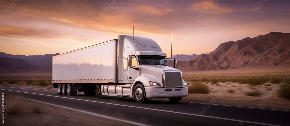 Obraz premium loaded american truck on a road at sunset - truck cargo transportation concept