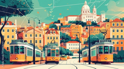 A vintage travel vector illustration showcasing Portugal's Lisbon, featuring abstract shapes of landmarks, streets, and trams, encapsulating the city's charm in a retro poster design photo