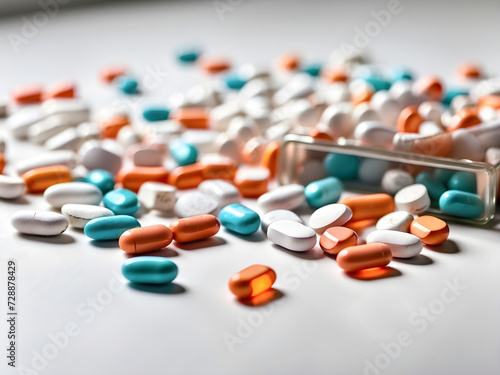 Multicolored medical pills, tablets and capsules, scattered on a table. A variety of medications, Representing pharmaceutical industry business and healthcare. 