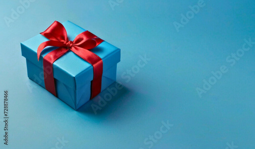 gift box with red ribbon on blue background, with copy space, father's day