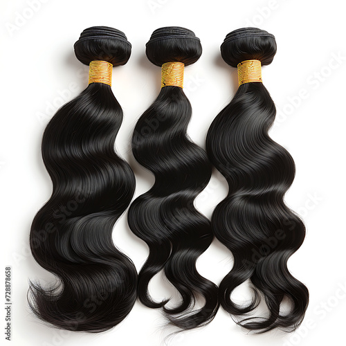Three black wavy straight hair bundles with a tie on a white background