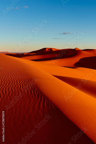 Fototapeta Naklejka Na Ścianę i Meble -  Sunset in the Sahara desert. The sun illuminates the dunes red. Without any human traces. Merzouga, Morocco