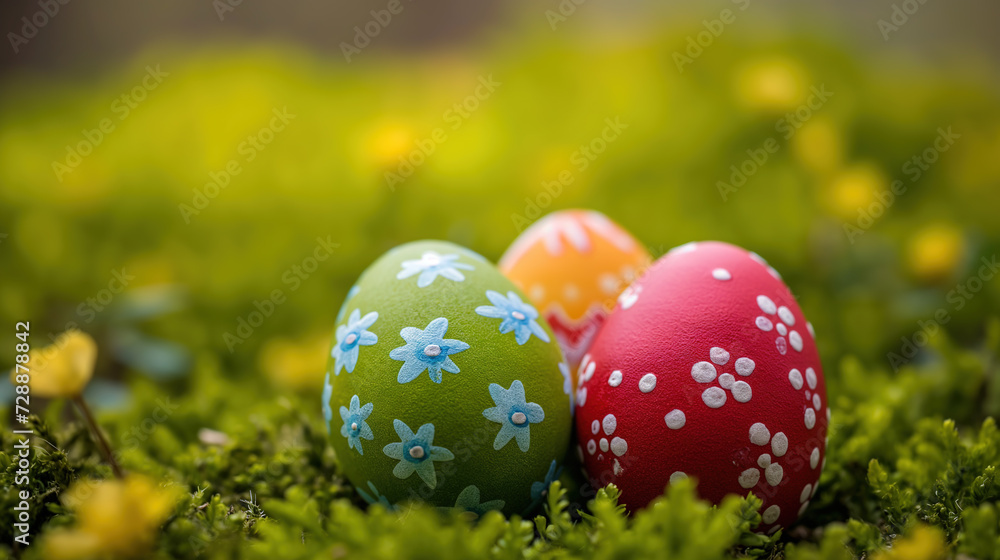 Colorful hand painted Easter eggs hidden in the grass Colorful hand painted Easter eggs hidden in the grass
