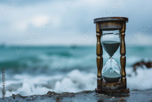 Hourglass symbolizing time running out at the seaside with copy space