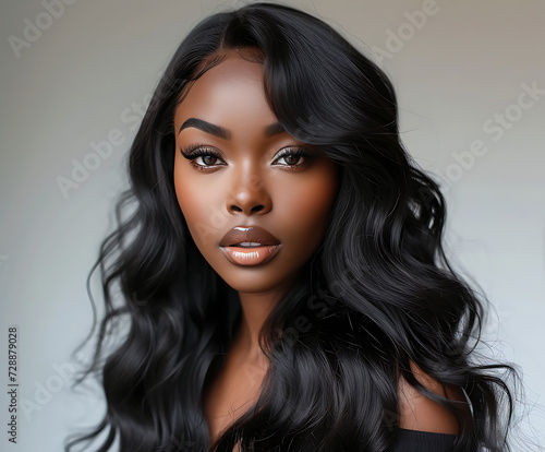 A beautiful black woman with hair extensions. Afro American girl. Beauty skin female face. Hair Salon, Wavy, Curly Hair. Salon Photography.