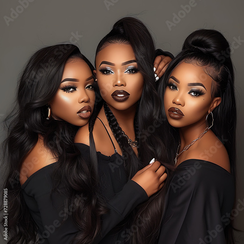Three beautiful black women with hair extensions. African American Hairstyles. Hair Salon, Wavy, Curly Hair. Salon Photography.