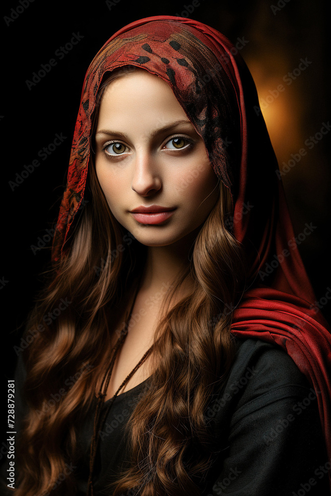 AI-Generated Portrait of a Young Woman in a Red Headscarf AI-Generated Portrait of a Young Woman in a Red Headscarf